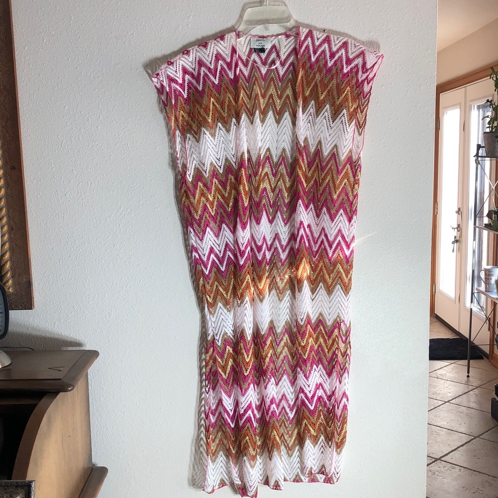 Knit Chevron Maxi Cover-Up in White, Pink & Gold, One Size